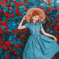 awesome redhead model expresses emotions. valentines day background. fabulous retro girl with red lips in mint dress on awesome summer background. woman portrait. roses bush. - fashion stock pictures, royalty-free photos & im