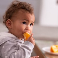 baby eating orange fruit. - food stock pictures, royalty-free photos & images