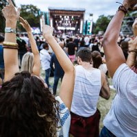 back view of large group of friends having fun on music concert. - concert stock pictures, royalty-free photos & images