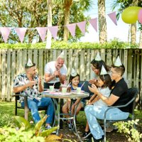 back yard birthday party for 8 year old miami girl - garden decoration stock pictures, royalty-free photos & images
