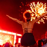 backshot of girl at festival watching fireworks - concert stock pictures, royalty-free photos & images