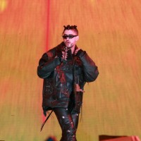 Bad Bunny performs during his "P FNK R" concert at Hiram Bithorn Stadium on December 10, 2021 in San Juan, Puerto Rico.