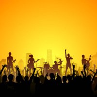 band and crowd silhouette (each person is complete, clipping paths hide the legs) - concert stock illustrations