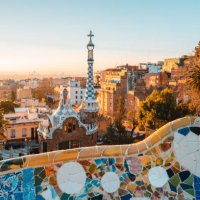 barcelona at sunrise viewed from park guell, barcelona, catalonia, spain. - garden decoration stock pictures, royalty-free photos & images