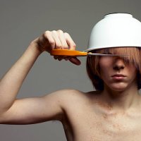 bare-chested man with bowl on head cutting fringe - hairstyle stock pictures, royalty-free photos & images