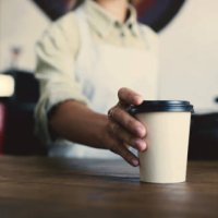 barista, hands and coffee shop for pos, customer service, waitress and commerce or hospitality industry. cashier, tea or person with latte order at point of sale for small business cafe or restaurant - coffee stockfoto's en -