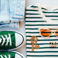 basic clothes stylish outfit. jeans, sneakers, striped shirt and accessories. flat lay, top view. - fashion stock pictures, royalty-free photos & images