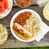 bbq hotdog with lemonade - junk food stock pictures, royalty-free photos & images