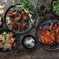 bbq lollipop chicken wings and spicy glazed pork ribs - food stock pictures, royalty-free photos & images