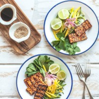 bbq tofu cutlets with mango salad for two - food stock pictures, royalty-free photos & images