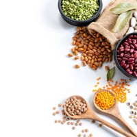 beans variation shot from above on white background with copy space - food stock pictures, royalty-free photos & images