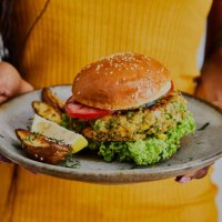 beautiful and tasty vegan burger on a plate - food stock pictures, royalty-free photos & images