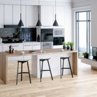 beautiful kitchen in luxury home with island - home decoration stock pictures, royalty-free photos & images