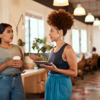 beautiful mixed race creative business woman chatting with a female colleague. two young female african american designers talking in the office. meeting to discuss and develop a strategy for success - junk food stock picture