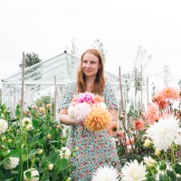 beautiful portrait of woman standing amongst her dahlias's at home - garden decoration stock pictures, royalty-free photos & images