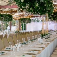 beautiful terrace decorated with floral garlands with candles - garden decoration stock pictures, royalty-free photos & images