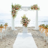 beautiful wedding arch on the beach - garden decoration stock pictures, royalty-free photos & images