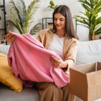 beautiful woman unpacking parcel ordered online at home - fashion stock pictures, royalty-free photos & images