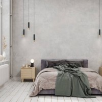 bedroom interior with green blanket on the bed, pendant lights, parquet floor and gray color wall background - home decoration stock pictures, royalty-free photos & images