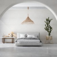 bedroom interior with messy bed, side table and cactus plant. - home decoration stockfoto's en -beelden