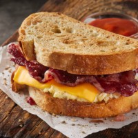 beef bacon breakfast sandwich - junk food stock pictures, royalty-free photos & images