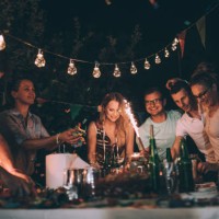 best friends on a party - garden decoration stock pictures, royalty-free photos & images