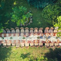 big wedding dinner table in backyard view from above - garden decoration stock pictures, royalty-free photos & images