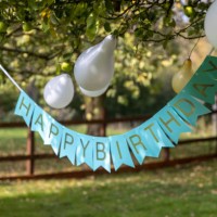 birthday banner stock photo, monkland, herefordshire, england, united kingdom - garden decoration stock pictures, royalty-free photos & images