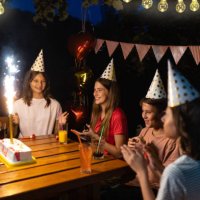 birthday celebration in the backyard - garden decoration stock pictures, royalty-free photos & images