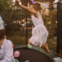 birthday party on a trampoline - garden decoration stock pictures, royalty-free photos & images