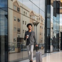 black entrepreneur with suitcase walking along street - junk food stock pictures, royalty-free photos & images