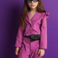 blonde girl in studio in sunglasses and purple suit on violet background. child. childhood. summer fashion. hairstyle - fashion stock pictures, royalty-free photos & images