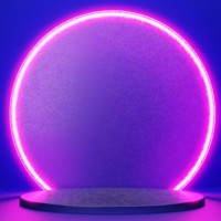 blue podium with matte glass and pink neon circles. futuristic platform for your product - home decoration stock pictures, royalty-free photos & images