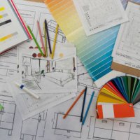 blue prints, color swatch, pencil colors, sketches, plans and documents for a home renovation - home decoration stock pictures, royalty-free photos & images
