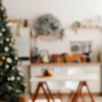 blurred defocus christmas background. blurred christmas background. christmas kitchen decor. cooking festive food in the kitchen. new year. christmas. christmas decor. christmas tree. christmas background. christmas home inte