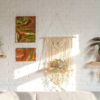 bohemian living room interior, white brick wall. sunny day. - home decoration stock pictures, royalty-free photos & images