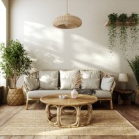 boho-inspired modern scandinavian interior with wicker furniture and green plants - home decoration stock pictures, royalty-free photos & images