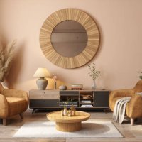 boho style living room with armchairs, coffee table, mirror, potted plant and beige wall - home decoration stock pictures, royalty-free photos & images