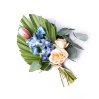 bouquet of tropical leaves with roses, tulip and hyacinth, branch palm with colorful flowers on a white background. - garden decoration stock pictures, royalty-free photos & images