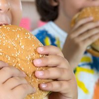 boy and girl with hamburgers - junk food stock pictures, royalty-free photos & images
