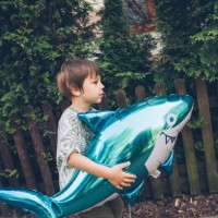 boy with large shark shape balloon - garden decoration stock pictures, royalty-free photos & images