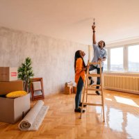 boyfriend changing the light bulb while moving with girlfriend - home decoration stock pictures, royalty-free photos & images