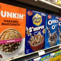 Branded sugar cereals, Dunkin' Caramel Macchiato, S'mores, and Oreo Cookies flavored cereals, Queens, New York.