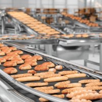 bread factory. close-up view of conveyor belt with baked breads - food stock pictures, royalty-free photos & images