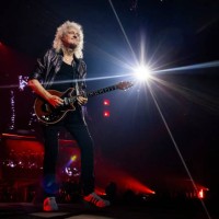 Brian May of Queen + Adam Lambert performs at Little Caesars Arena on October 10, 2023 in Detroit, Michigan.
