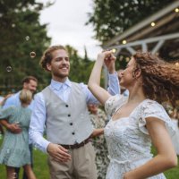 bride and groom dancing at small garden wedding. - garden decoration stock pictures, royalty-free photos & images