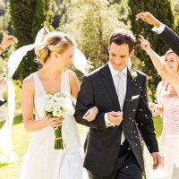 bride and groom procession after wedding - garden decoration stock pictures, royalty-free photos & images