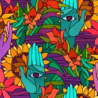 bright seamless pattern with sunflowers, magnolia, gladiolus and human hands - garden decoration stock illustrations