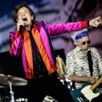 British rock band The Rolling Stones' British singer Mick Jagger and British guitarist Keith Richards perform on stage during a concert part of their...