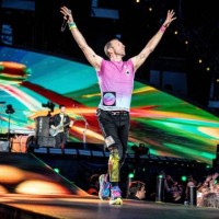 British singer Chris Martin of British band Coldplay performs at Parken Stadium in Copenhagen, on July 5, 2023. The concert is part of the Music of...